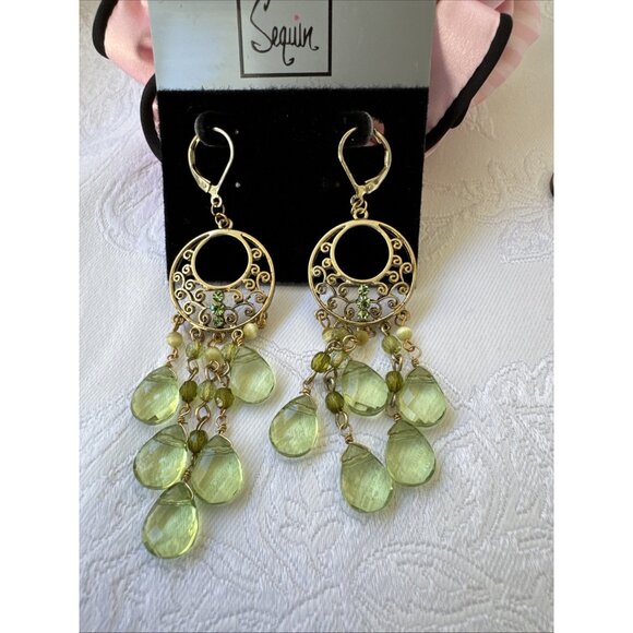 Nordstrom Sequin Green Gold & Beads Tassel Dangle Drop Earrings NEW - Picture 4 of 8